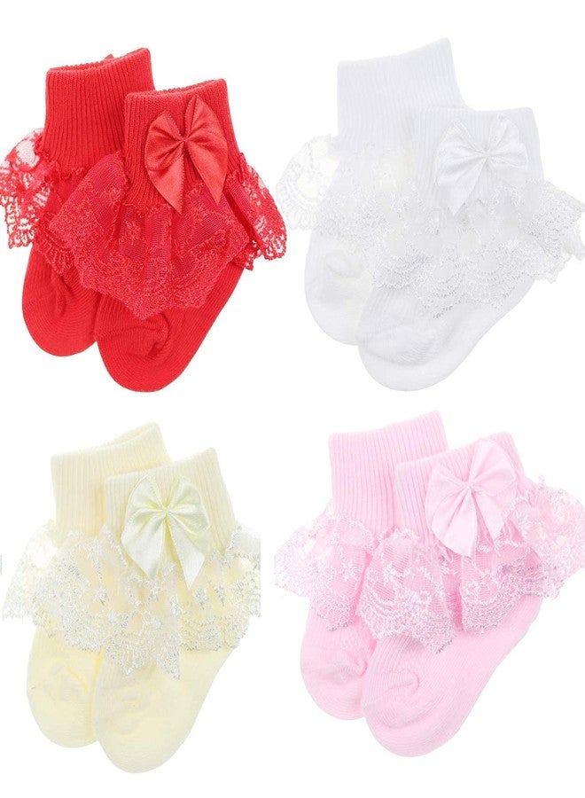 BABY STATION Baby Girls Socks Eyelet Ruffle Lace Sock Baby Ankle Length Socks Newborn/Infant/Toddlers Frilly Summer Thin Dress Sock Pack Of 4 (1-2 Year), Assorted - Image 1