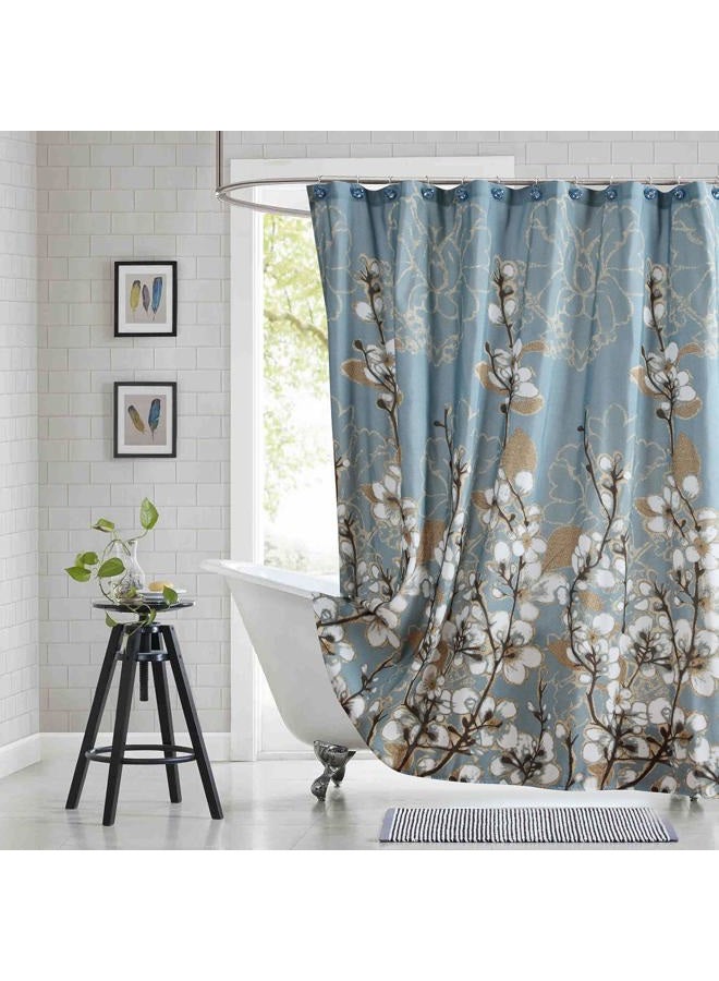 BESTRIPES Blue Fabric Shower Curtain, Floral and Gold Rose Border Shower Curtains for Bathroom Decorative, Waterproof Bathroom Curtains, 72" W x 72" H - Image 1