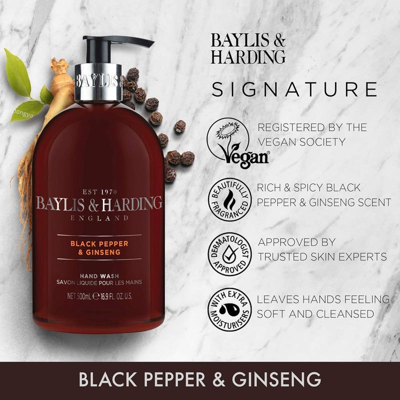 Baylis & Harding غسول يد فاخر بالفلفل الأسود والجينسنغ من بايليس هاردينغ مع مرطبات إضافية 500 مل مختبر جلدياً وخالي من البارابين - Image 2