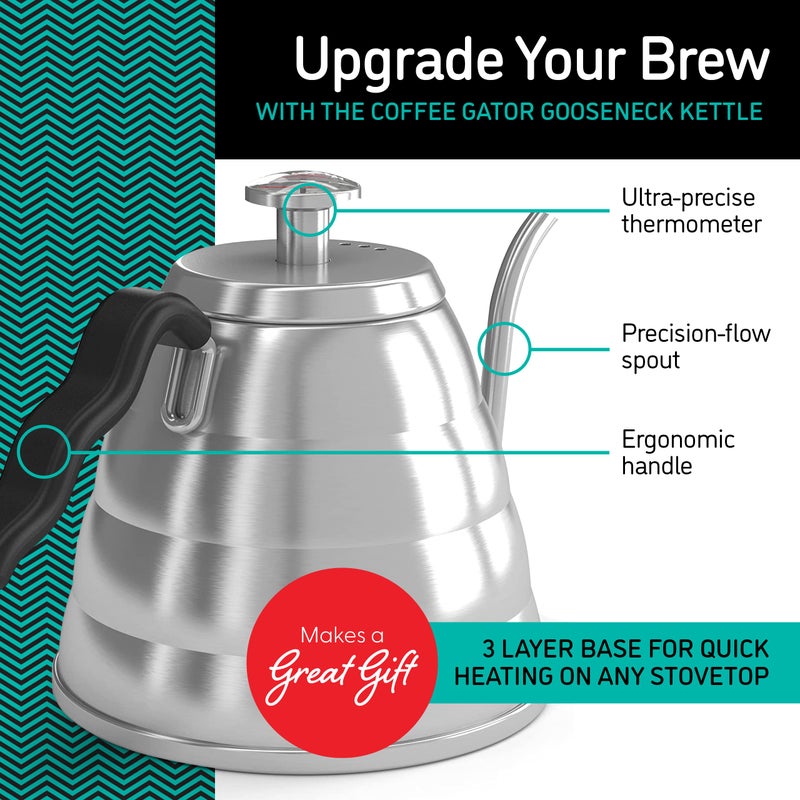 Coffee Gator Gooseneck Kettle with Thermometer, 34 oz Stainless Steel, Stove Top, Premium Pour Over Kettle for Tea and Coffee w/Precision Drip Spout, 4 Cup - Image 2