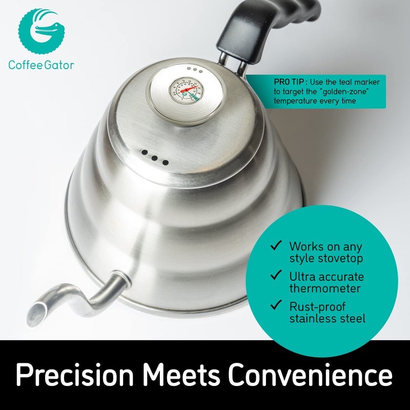 Coffee Gator Gooseneck Kettle with Thermometer, 34 oz Stainless Steel, Stove Top, Premium Pour Over Kettle for Tea and Coffee w/Precision Drip Spout, 4 Cup - Image 4