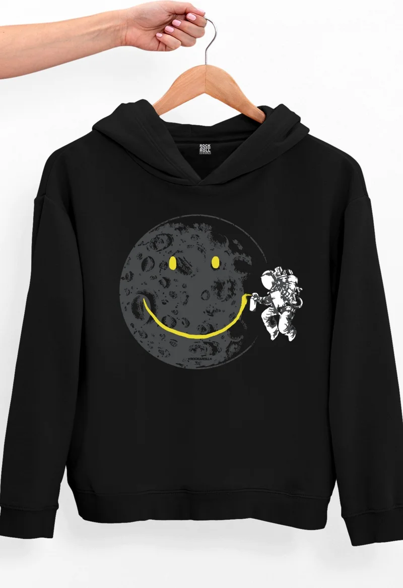 Rock&Roll Graffiti Astronaut Black Oversize Hooded Thick Women's Sweatshirt