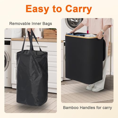 GARPROVM Double Laundry Hamper with Lid 150L Large Laundry Basket with Bamboo Handles Foldable Clothes Hampers with 2 Removable Liner Bags for Laundry for Bedroom Bathroom Dorm Laundry Room Black - Image 3