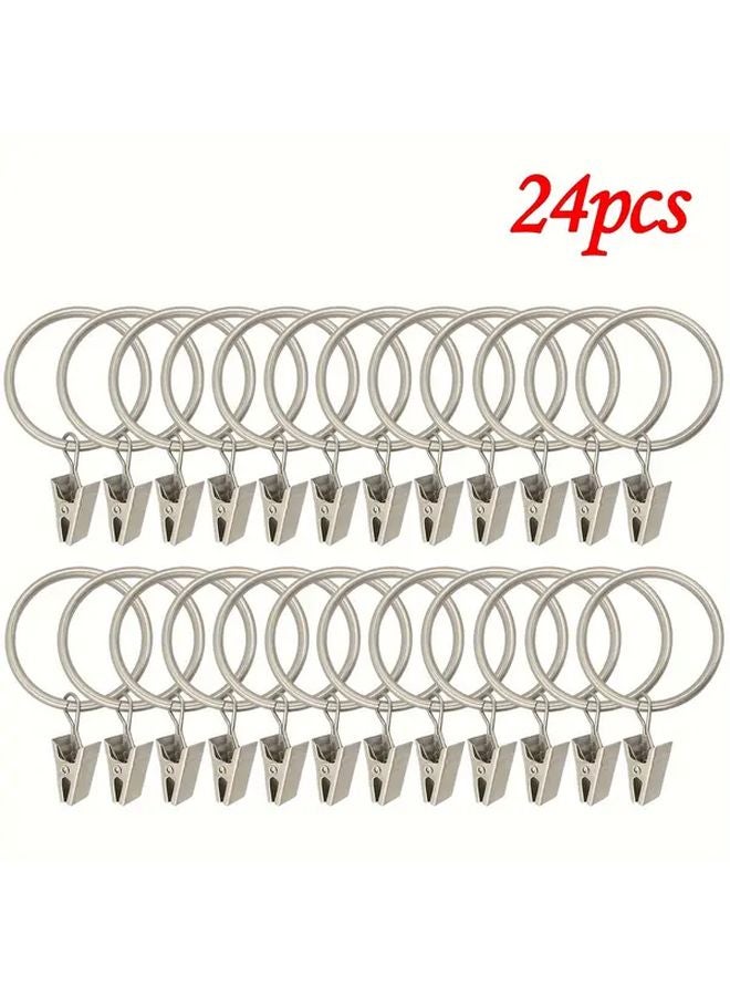 24 Pack Silvery Metal Curtain Rings With Clips Rust Proof Vintage Hooks - Image 1