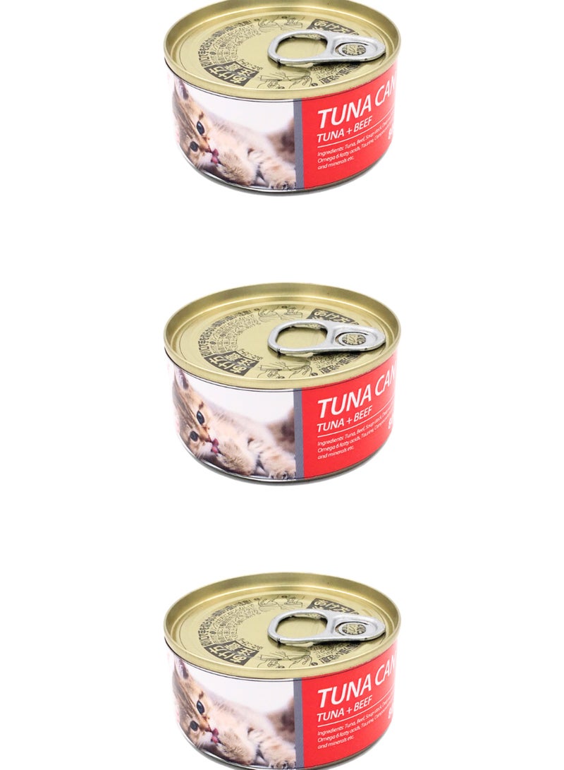 بايولاين علبة تونة للقطط من بيولاين، 85 جم [نكهة - تونة + لحم بقري]، 3 قطع - Image 1