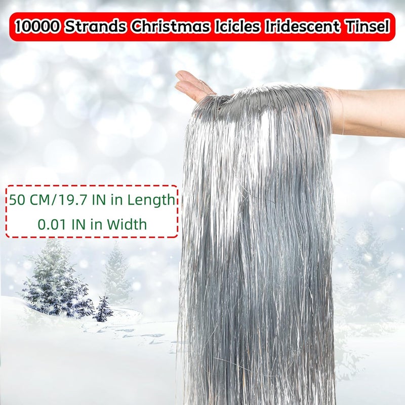 Gloreyan 10000 Strands Christmas Tinsel Icicles Silver Metallic Tinsel Foil Fringe Icicles Christmas Tree Tinsel Decoration for Christmas Birthday Wedding Party Hanging Decoration - Image 2