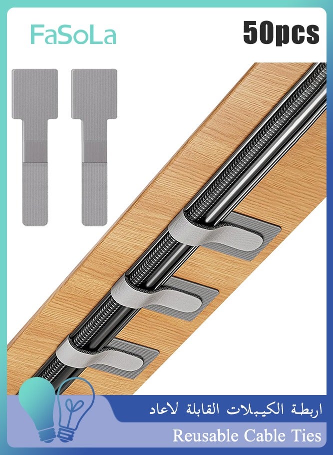 Fasola 50 Pcs Reusable Self Adhesive Cable Ties, Hook and Loop Wire Management Organizer for Desk Computer Home Office, Sticky Back Cord Clips for Indoor Outdoor Use (Gray) - Image 1