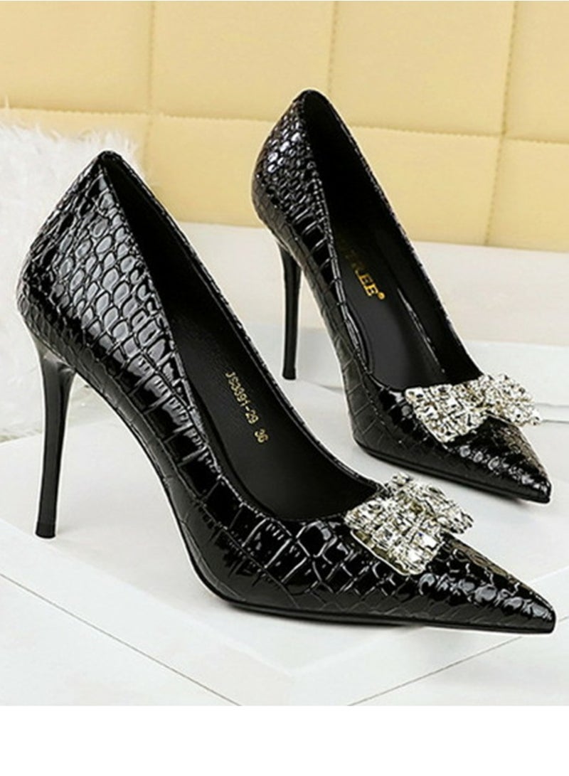 بيج تري المرأة مغلقة أشارت إصبع القدم مضخة الراينستون قوس الديكور عالية الكعب الأسود 10CM - Image 2