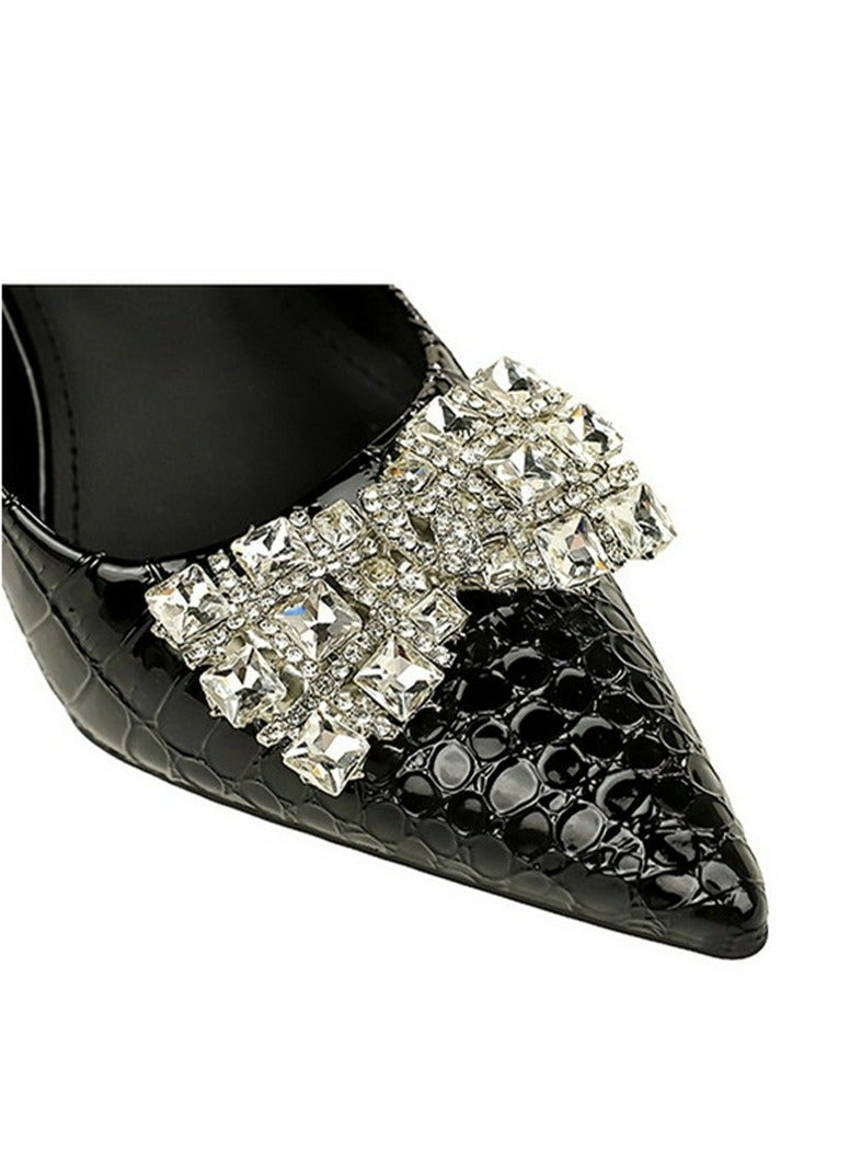 بيج تري المرأة مغلقة أشارت إصبع القدم مضخة الراينستون قوس الديكور عالية الكعب الأسود 10CM - Image 4