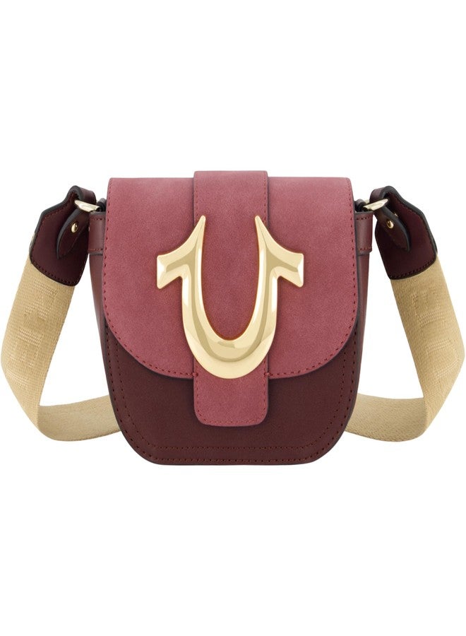 TRUE RELIGION True Religon Women's Crossbody Bag, Suede Mini Flap Adjustable Shoulder Handbag with Horseshoe Logo, Wine - Image 1