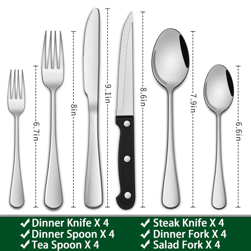 Dehov 24-Piece Silverware Set with Steak Knives,Flatware Set Service for 4 Person, Food-Grade Stainless Steel Cutlery Set,Includes Knife Spoon And Fork, Mirror Finished Utensil Sets for Home Restaurant - Image 2