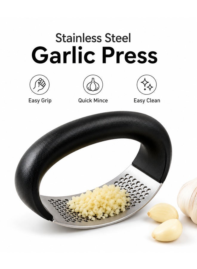 Leoxol Stainless Steel Garlic Press | Rocker Garlic Crusher With Black Handle | Manual Garlic Mincer Tool For Ginger Garlic Kitchen Prep - Image 1