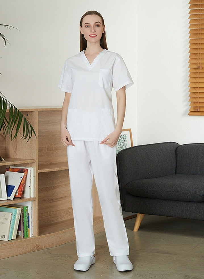 Loquat Medical Uniform Scrubs 2 Piece Set V-Neck Top and Elastic Waist Straight Pants Suit White