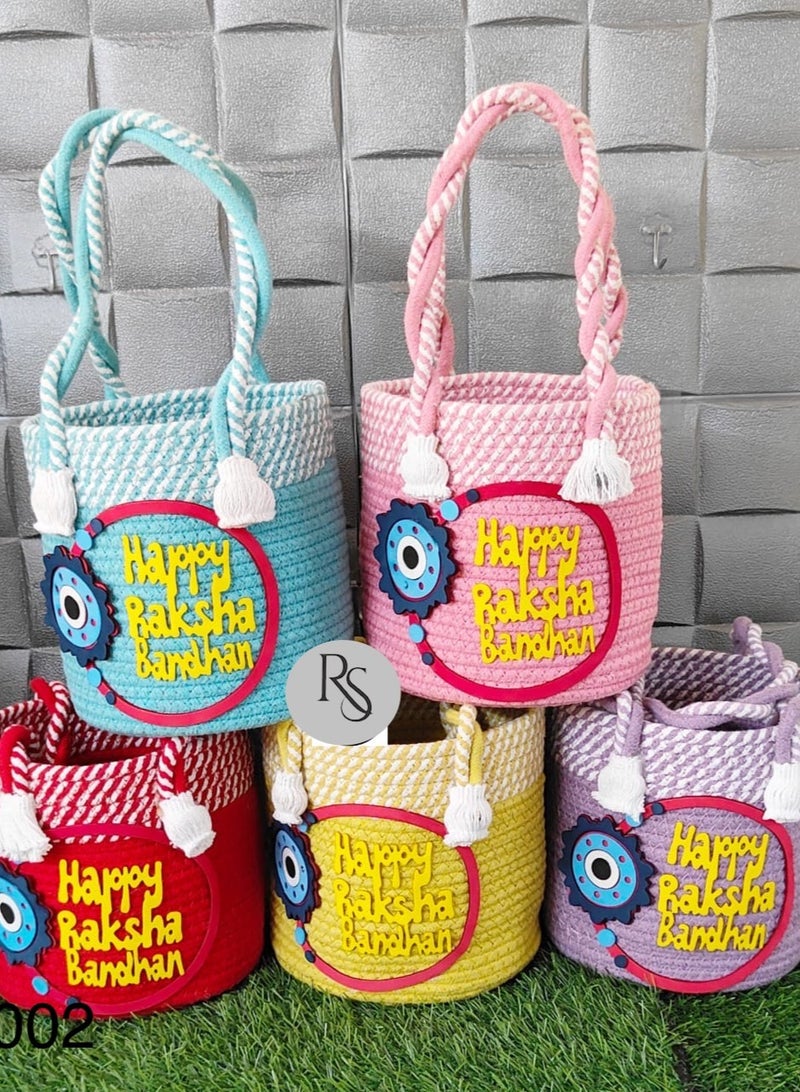 Happy Raksha Bandhan Decorative Gift Basket, Handmade Cotton Rope Storage Bag, Ch - Blue, Pink, Red, Yellow, Purple, Choose 1 Color, rakhi 