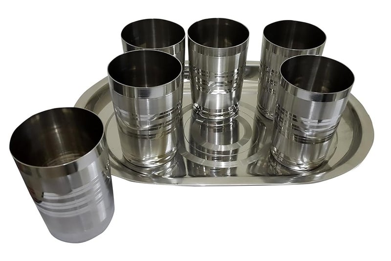 Dynore Stainless Steel Set of 6 Glass and 1 Tray - Image 1