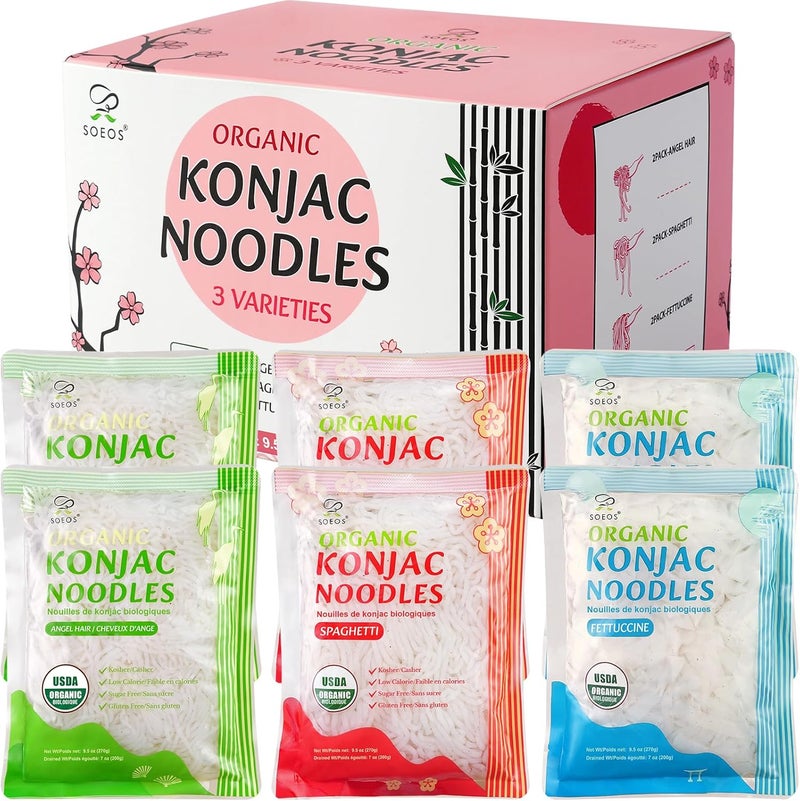 Soeos Organic Konjac Noodles - Low Calorie Shirataki Noodles in 3 Varieties (Spaghetti, Fettuccine, Angel Hair) - 52.8 Ounces (Pack of 6) - Image 1