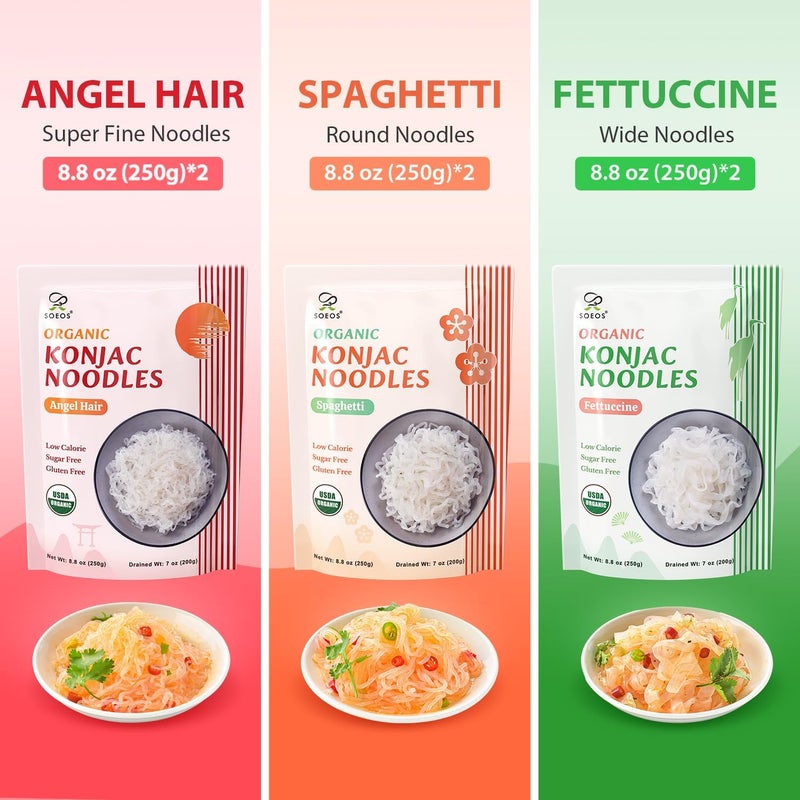 Soeos Organic Konjac Noodles - Low Calorie Shirataki Noodles in 3 Varieties (Spaghetti, Fettuccine, Angel Hair) - 52.8 Ounces (Pack of 6) - Image 3
