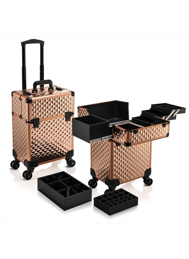 Stagiant Beauty Rolling Makeup Train Case Cosmetic Trolley 4 Tray Sliding Rail Removable Middle Layer with Key Swivel Wheels Salon Barber Case Cosmetic Organizer Storage Large Travel Case - Rose Gold Diamond  - Image 1