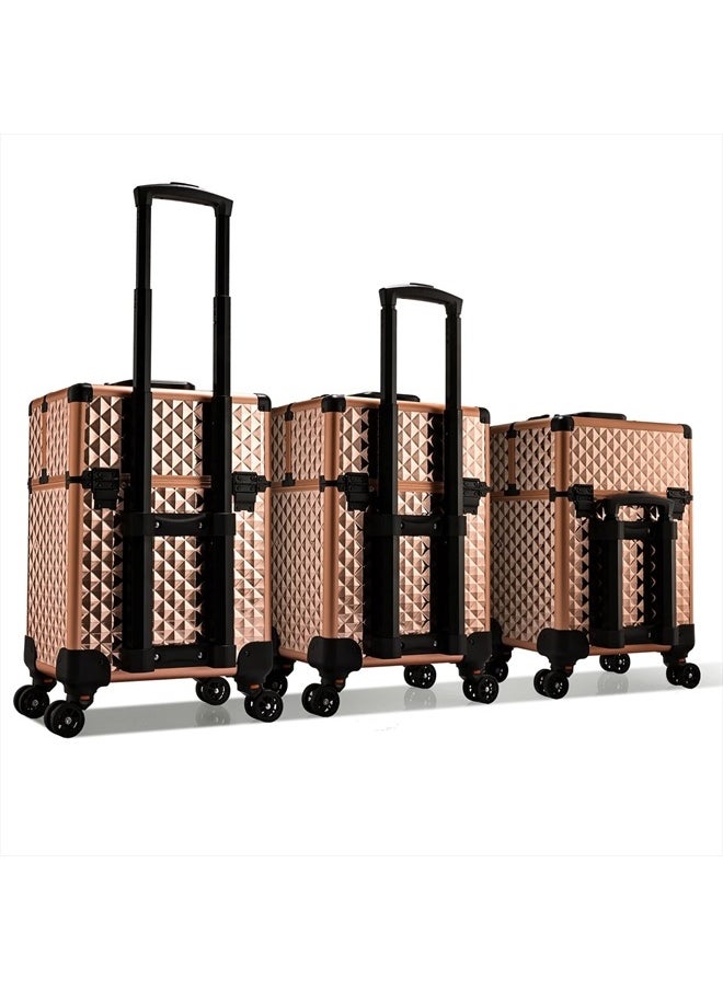 Stagiant Beauty Rolling Makeup Train Case Cosmetic Trolley 4 Tray Sliding Rail Removable Middle Layer with Key Swivel Wheels Salon Barber Case Cosmetic Organizer Storage Large Travel Case - Rose Gold Diamond  - Image 3