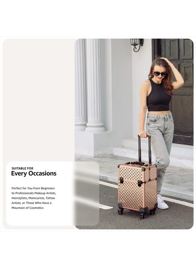Stagiant Beauty Rolling Makeup Train Case Cosmetic Trolley 4 Tray Sliding Rail Removable Middle Layer with Key Swivel Wheels Salon Barber Case Cosmetic Organizer Storage Large Travel Case - Rose Gold Diamond  - Image 5