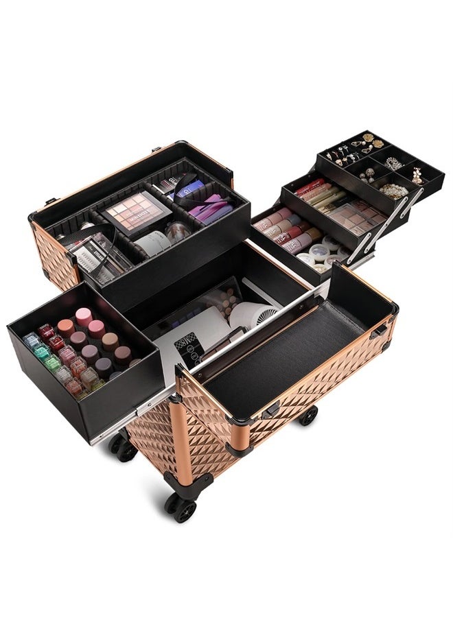 Stagiant Beauty Rolling Makeup Train Case Cosmetic Trolley 4 Tray Sliding Rail Removable Middle Layer with Key Swivel Wheels Salon Barber Case Cosmetic Organizer Storage Large Travel Case - Rose Gold Diamond  - Image 2
