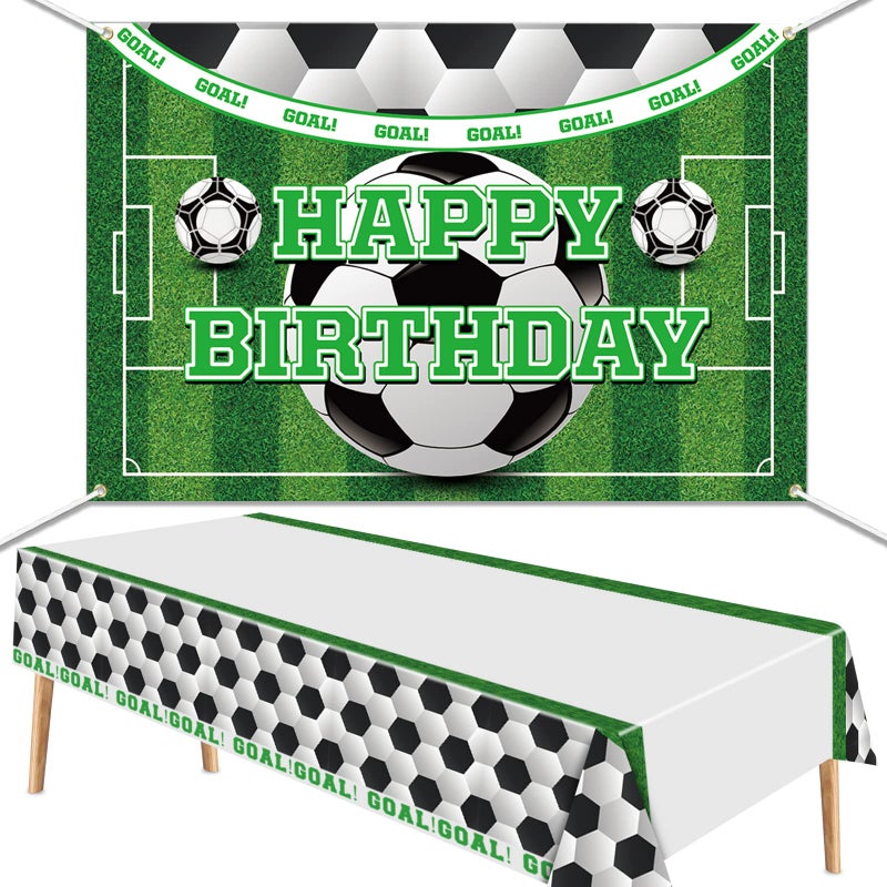 PIXHOTUL Soccer Happy Birthday Backdrop and Tablecloth Set Soccer Theme Party Photo Props with Plastic Tablecloths Decorations for Kids Soccer Themed Birthday Party Decorations - Image 2
