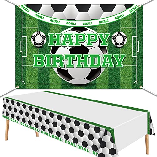 PIXHOTUL Soccer Happy Birthday Backdrop and Tablecloth Set Soccer Theme Party Photo Props with Plastic Tablecloths Decorations for Kids Soccer Themed Birthday Party Decorations - Image 1
