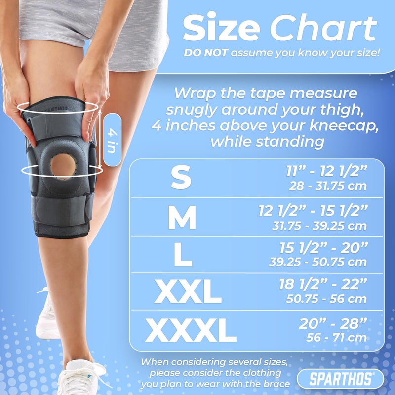 Sparthos Knee Brace - Heavy-Duty Hinged Support for ACL, MCL, Meniscus Tear, Arthritis, Tendonitis Pain - Open Patella - 4-Strap Adjustable, For Men and Women, Check Size Chart (XXL, 18Â½ - 22â€³ Thigh) - Image 5