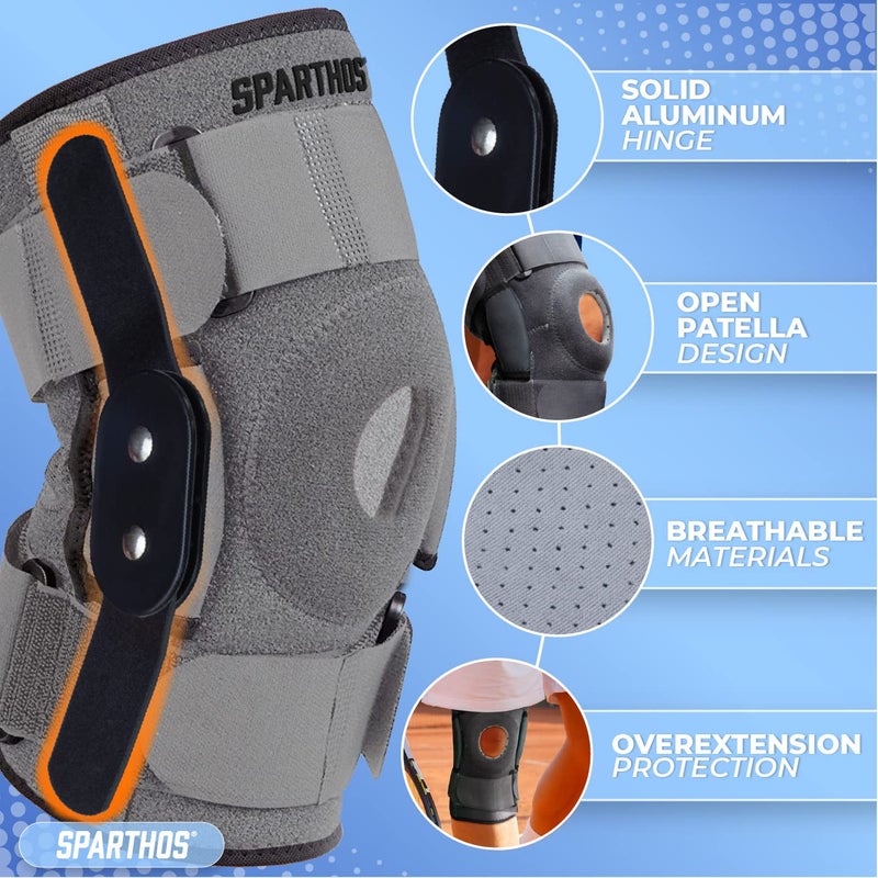 Sparthos Knee Brace - Heavy-Duty Hinged Support for ACL, MCL, Meniscus Tear, Arthritis, Tendonitis Pain - Open Patella - 4-Strap Adjustable, For Men and Women, Check Size Chart (XXL, 18Â½ - 22â€³ Thigh) - Image 4