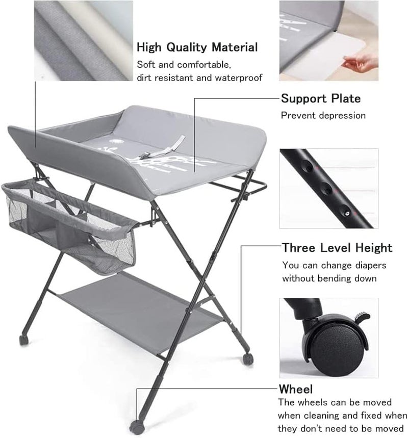 Baby Changing Table with Wheels,Portable Adjustable Height Folding Diaper Station with Nursery Organizer & Storage Rack for Newborn Baby Infant (Grey) - Image 3