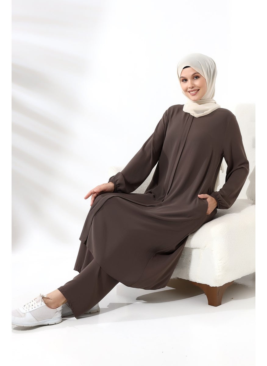 İhvan Ikhwan Women's Hajj and Umrah Outfit Hijab Double Set Milky Brown  - Image 4
