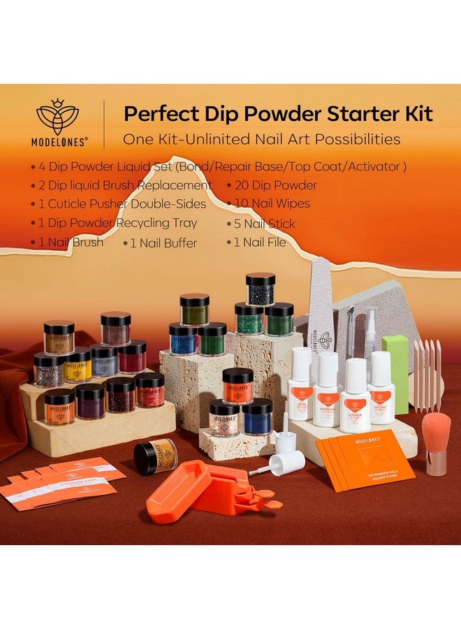 موديل ونز مجموعة بودرة غمس الأظافر من موديلونز، 20 لونًا أحمر وأخضر وبرتقالي، مجموعة بودرة غمس سائلة، منشط أساسي وعلوي لصالونات فن الأظافر الفرنسية، مجموعة اصنعها بنفسك - Image 2