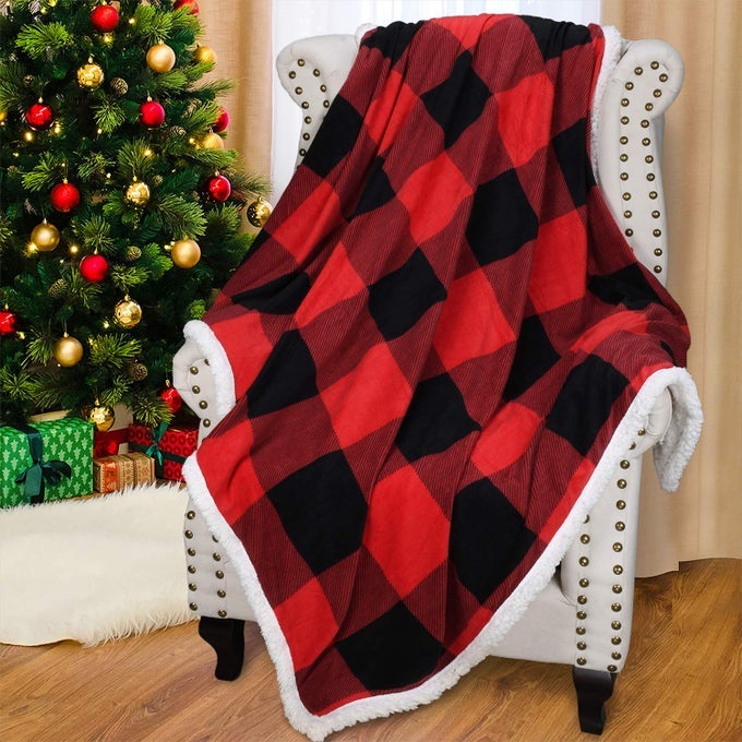 RED BLACK PLAID SHERPA BLANKET BUFFALO SHERPA THROW BLANKET REVERSIBLE SUPER SOFT WARM COMFY FUZZY SNUGGLE HOLIDAY THROWS FOR COUCH SOFA CABIN DECRO