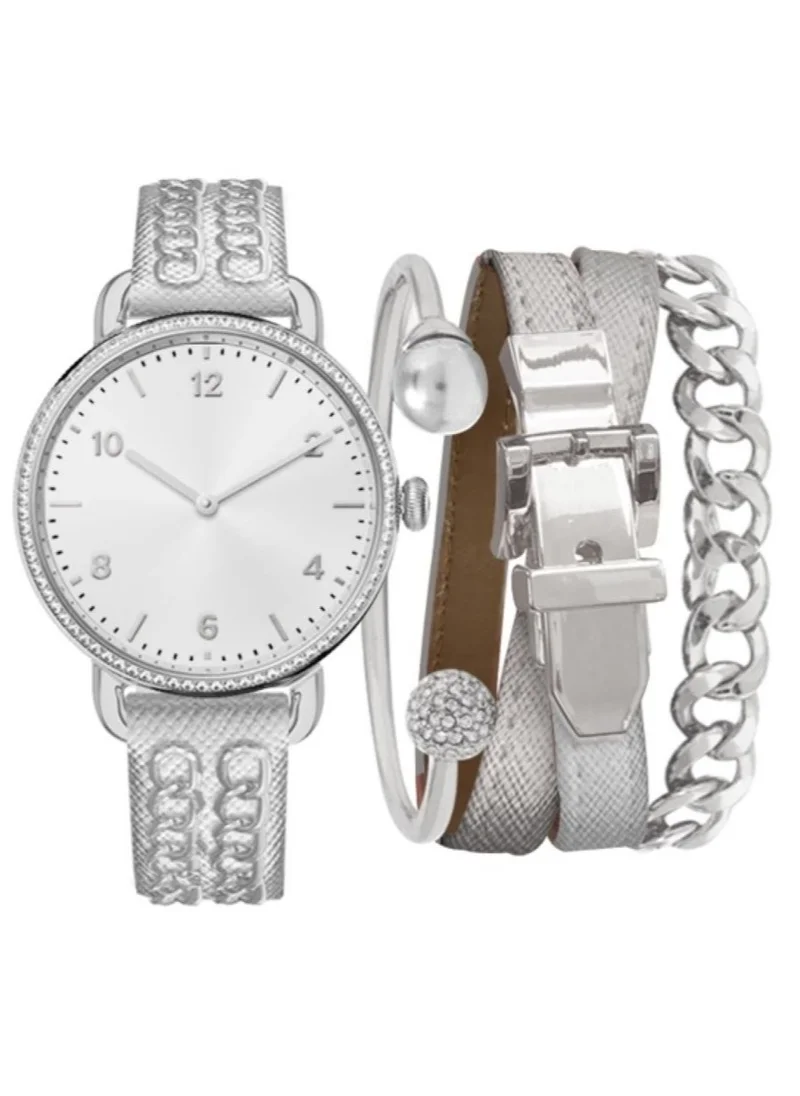 ADRIENNE VITTADINI Adrienne Vittadini Ladies Analog Watch Silver Case Silver Dial Silver-Colored Leather Strap 6210S-42-B28
