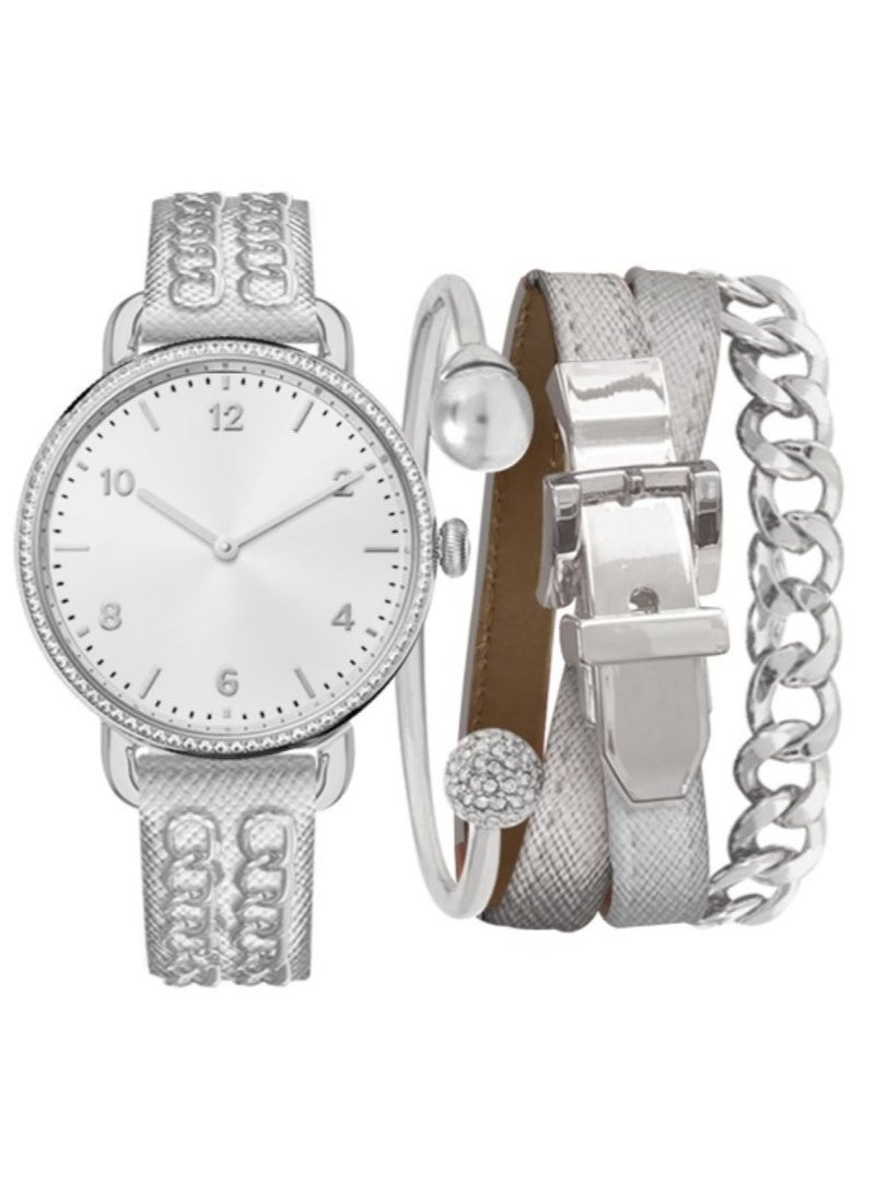 أدرين فيتاديني ساعة أدريان فيتاديني نسائية بعقارب، حافظة فضية، ميناء فضي، سوار جلدي فضي اللون -- - Image 1