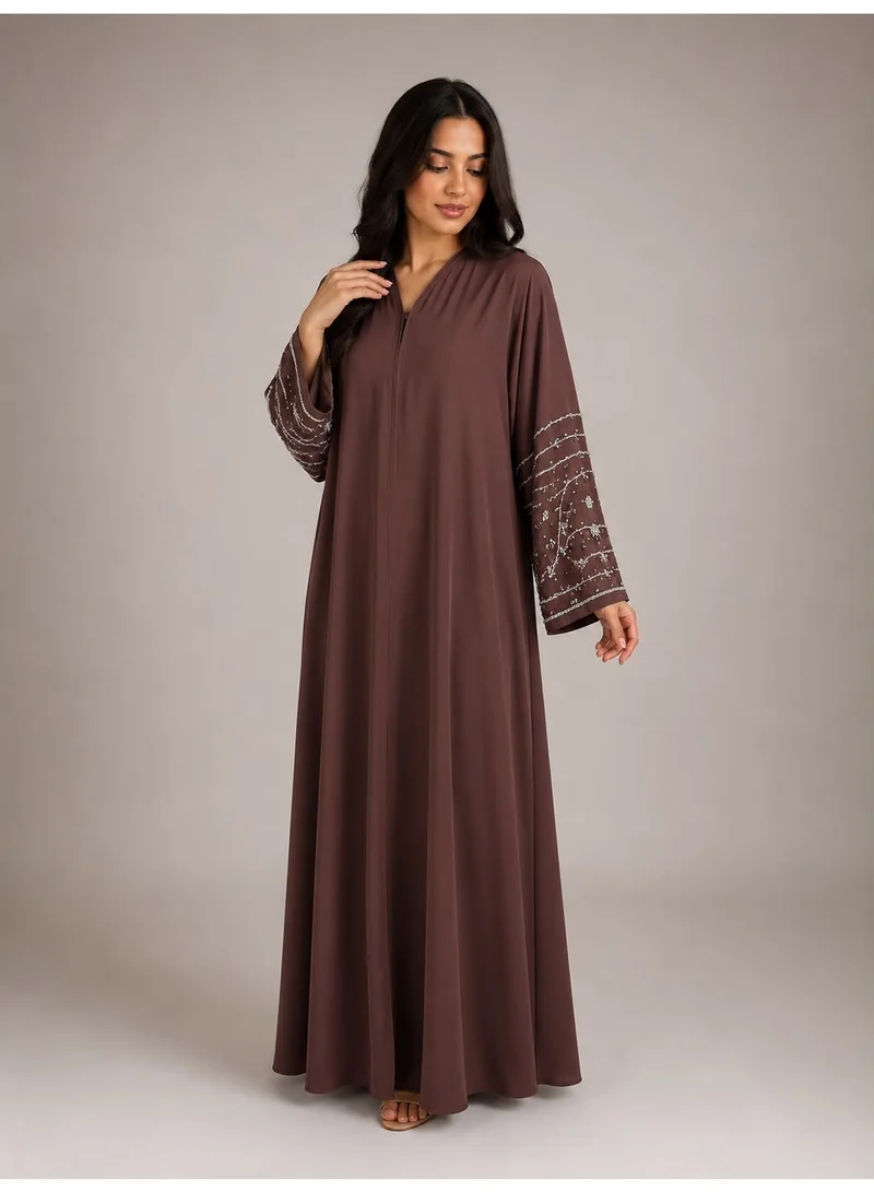 Ophelia Sabrina Black Abaya with Elegant Silver Hand-Embellished Stone Sleeves