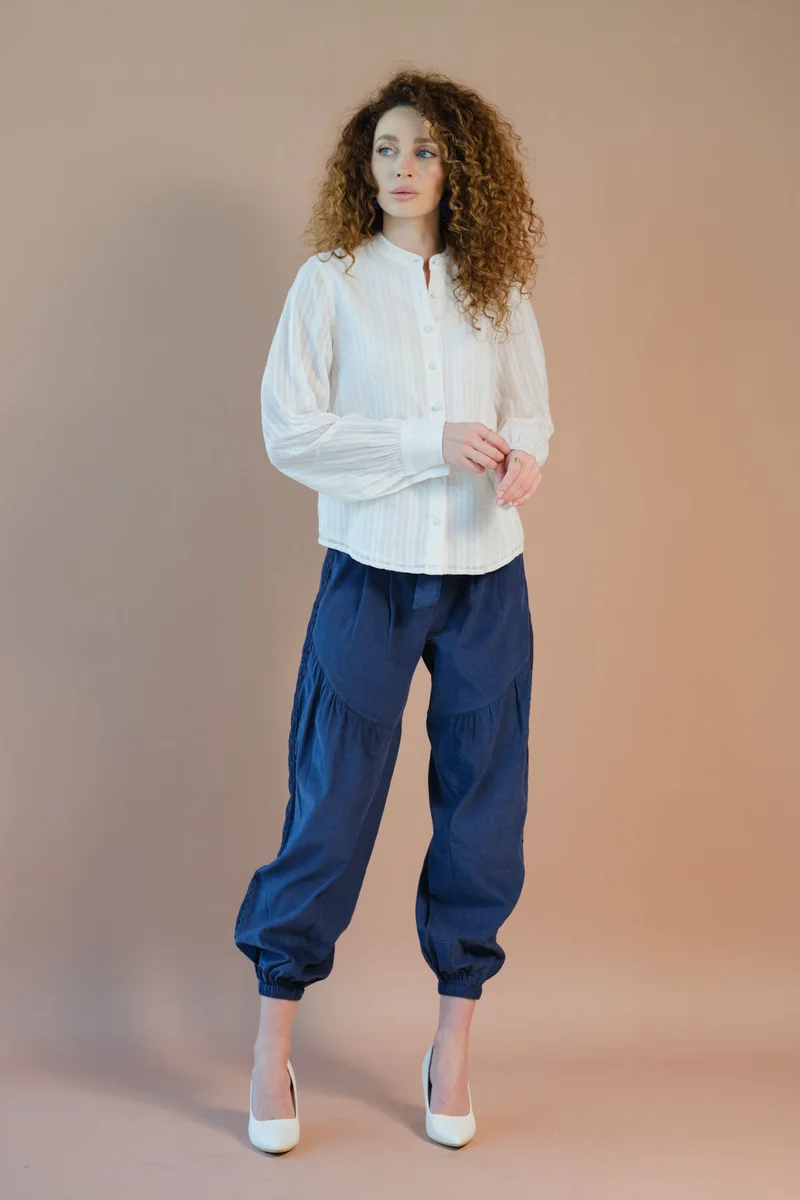 فيرجيو Solid Cotton Balloon Sleeve Button Down Top for Women