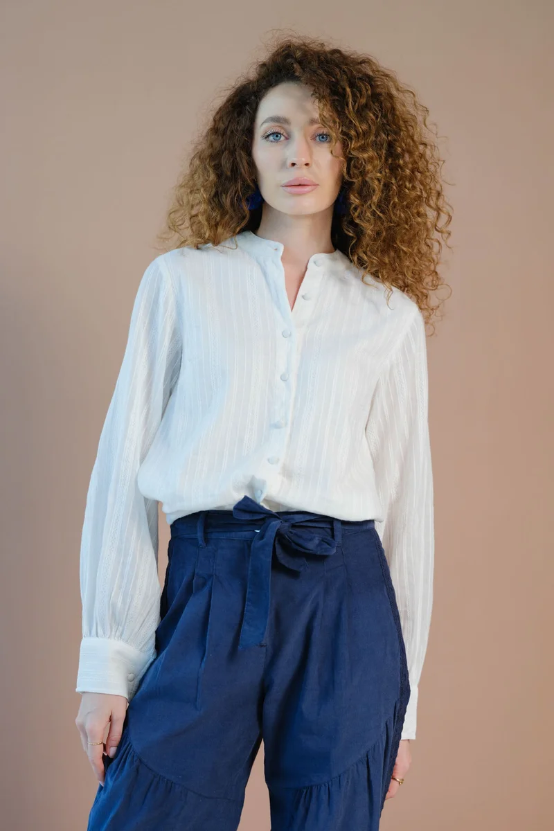 فيرجيو Solid Cotton Balloon Sleeve Button Down Top for Women