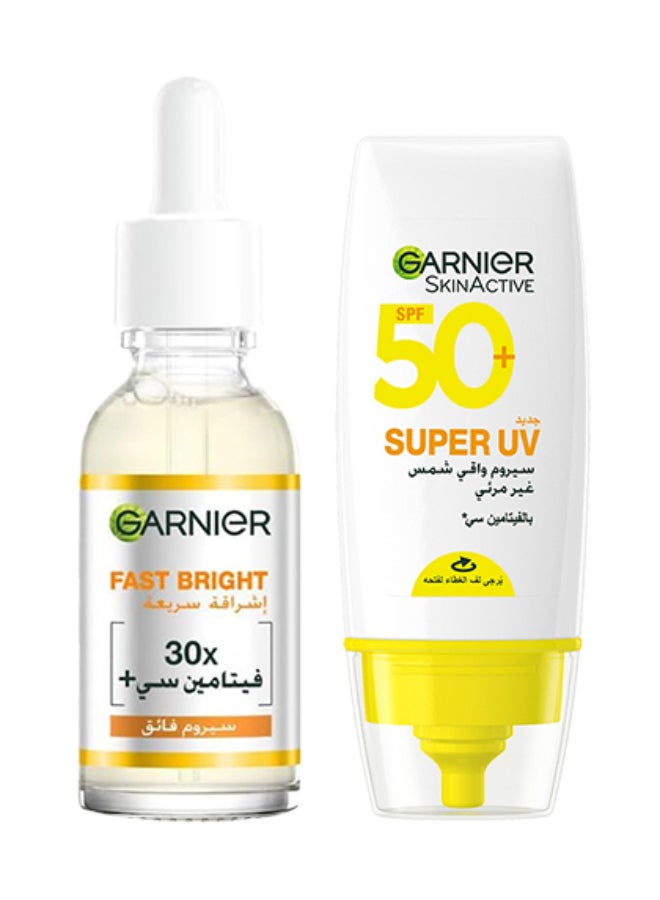 Garnier SkinActive Fast Bright Vitamin C Face Serum 30ml +  Super UV Invisible Serum Sunscreen 30ml - Image 1