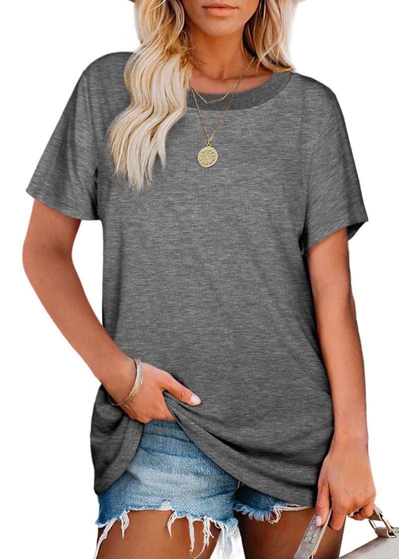 Jescakoo Crewneck Tshirts for Womens Short Sleeve Casual Tops Summer Lightweight Tees Gray M - Image 2