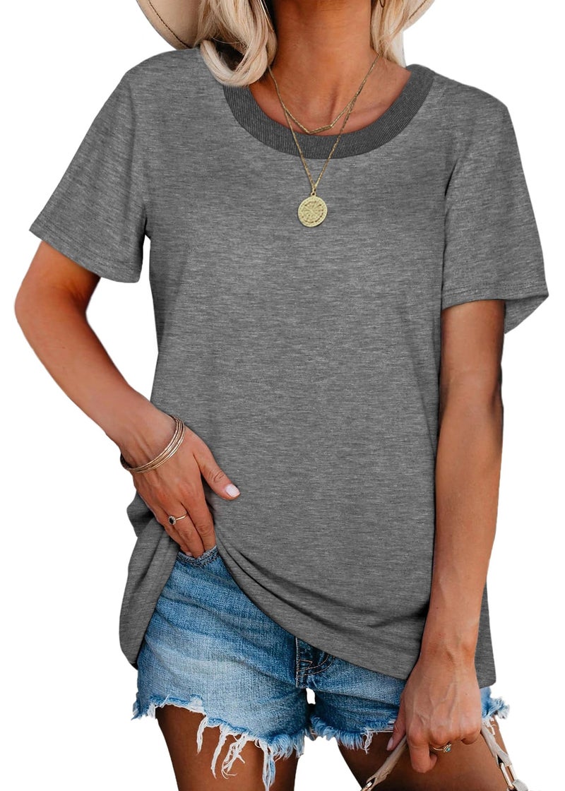 Jescakoo Crewneck Tshirts for Womens Short Sleeve Casual Tops Summer Lightweight Tees Gray M - Image 3