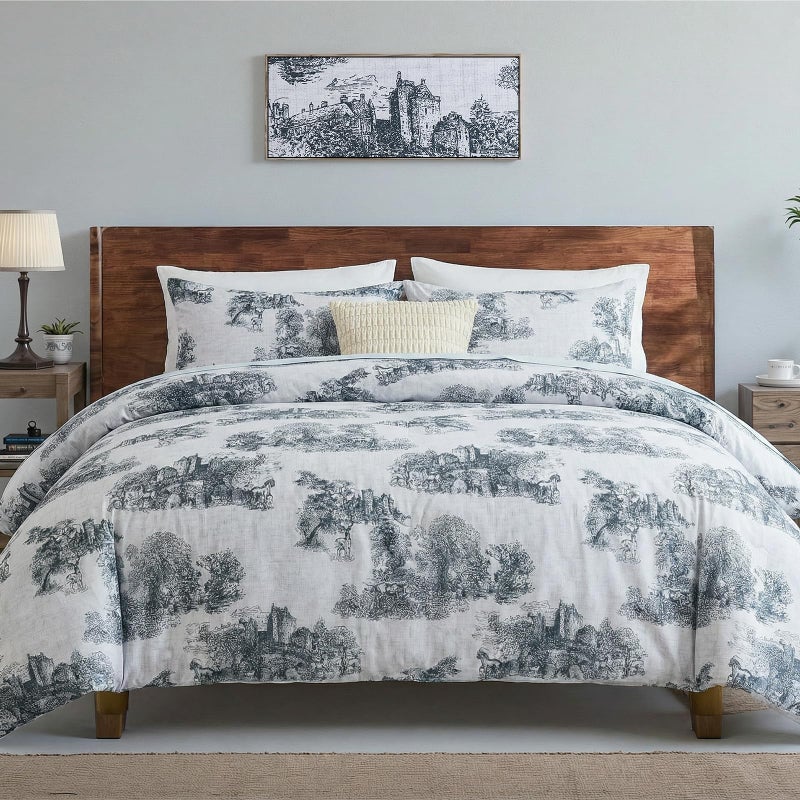 Bedorm Retro French Bedding King Cotton Comforter Set Floral Animal Manor Grange Vintage Country Theme Soft Cozy Gray Bedding Comforter for All Season - Image 1