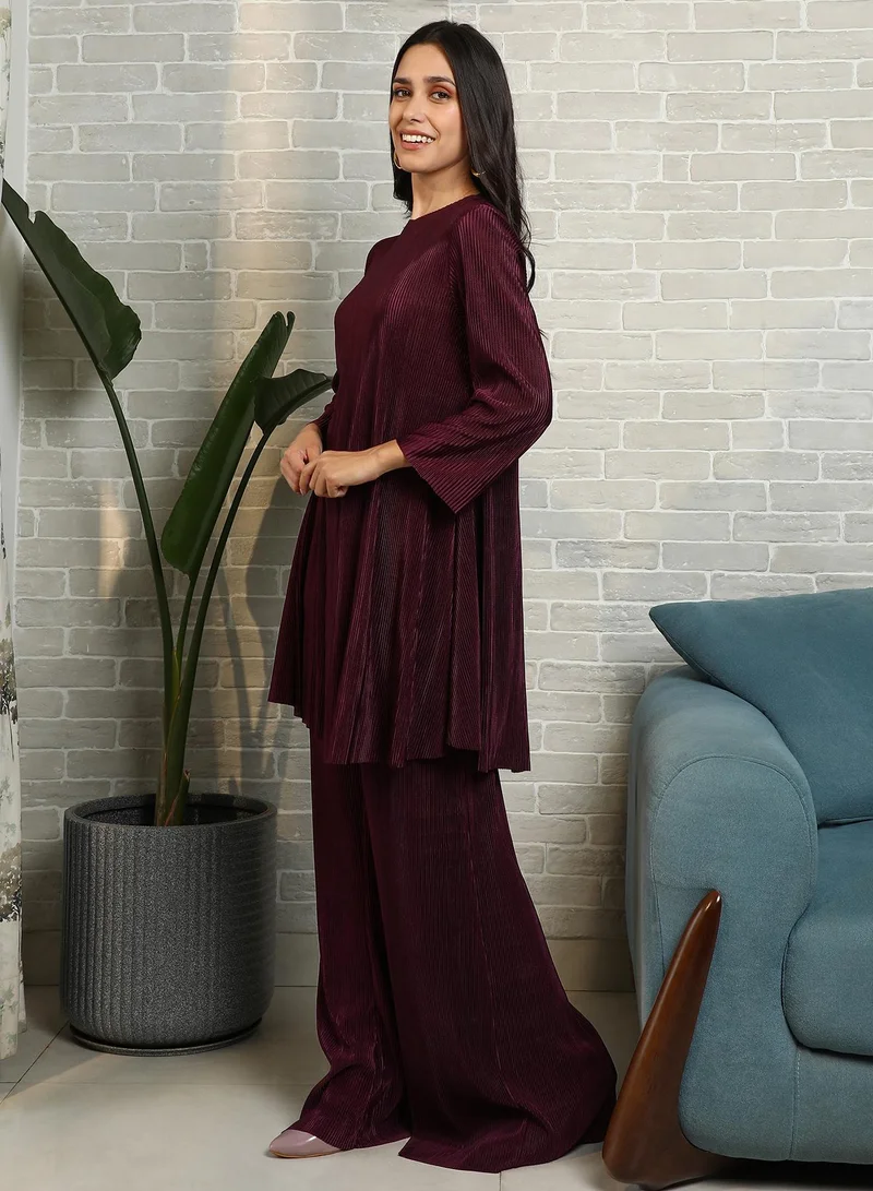 QISSA Qissa Women's Burgundy Red Solid Pleated Kurta Set For Casual Wear | Round Neck | Long Regular Sleeves | 2 Piece Kurta Set Designed With Comfort Fit For Everyday Ethnic Wear