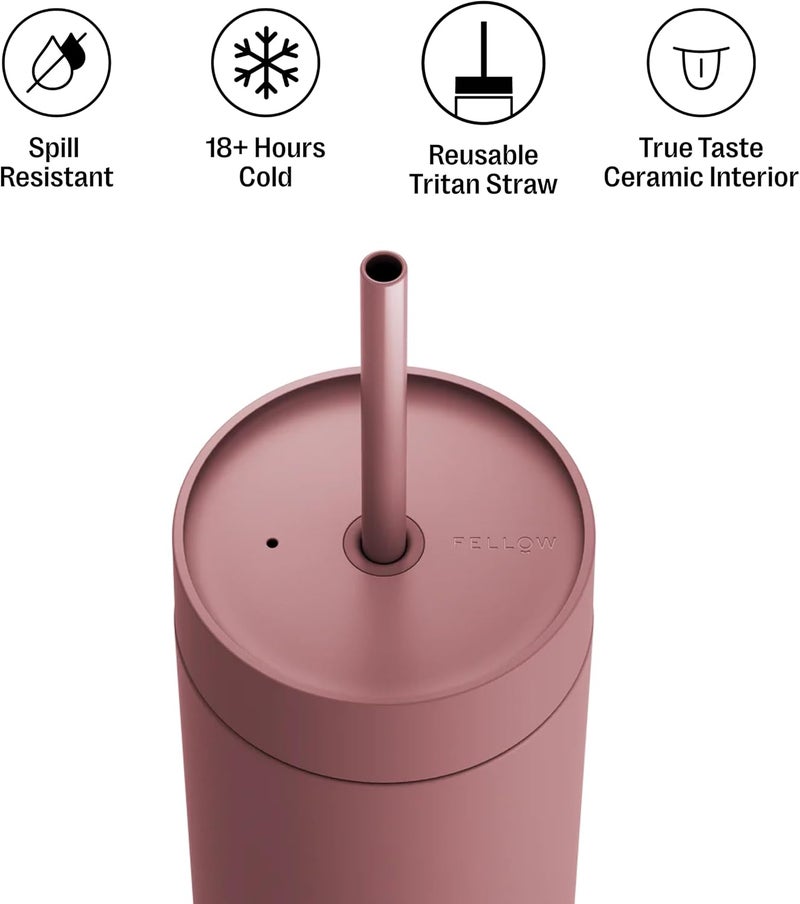 FELLOW 20 oz Carter Cold Travel Iced Coffee Mug - Stainless Steel Vacuum-Insulated Iced Coffee Tumbler with Spill Resistant lid and Straw - Desert Rose - Image 1
