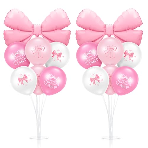 Kasyat 2 Sets Pink Bow Birthday Party Decorations Bow Balloon Centerpieces for Tables Coquette Birthday Pink and White Balloon Stand Kit for Bridal Princess Party Decorations - Image 1