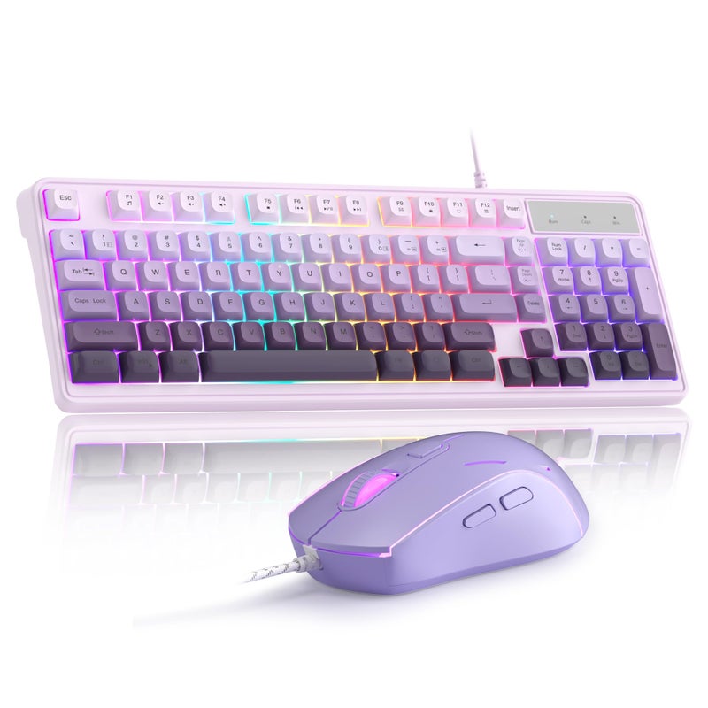MageGee Gradient Purple Creamy Keyboard and Mouse Combo,MageGee GK980 Wired RGB Backlit Keyboard and Gradient Purple Gaming Mouse Combo,PC Keyboard and Adjustable Sensitivity Mouse for PC/loptop/MAC - Image 1