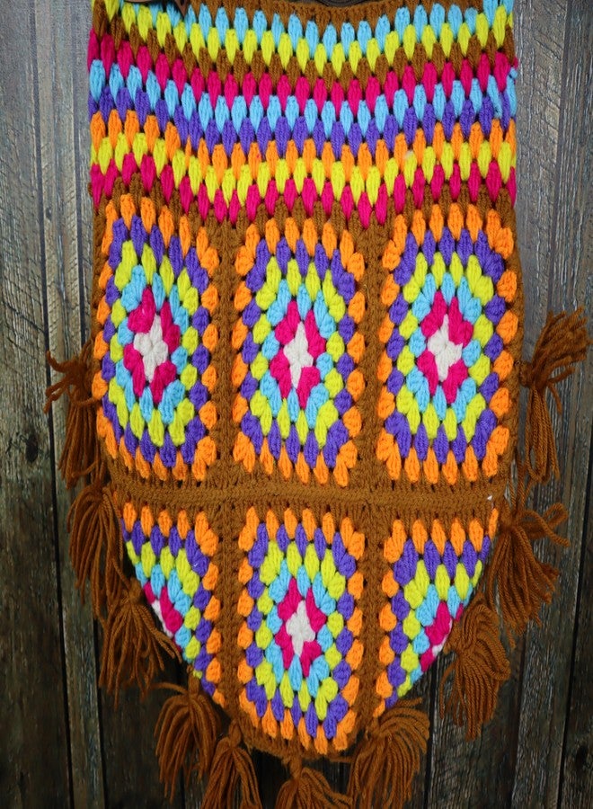 Sutra Handmade Wool Crochet Brown Strap Patchwork Bag | Boho Shoulder Purse | Eco-Friendly Reusable Tote Bag | Summer Beach Handbag for Women Girls - Image 4