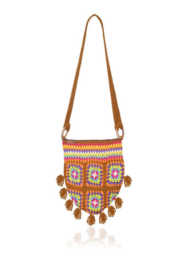 Sutra Handmade Wool Crochet Brown Strap Patchwork Bag | Boho Shoulder Purse | Eco-Friendly Reusable Tote Bag | Summer Beach Handbag for Women Girls - Image 1