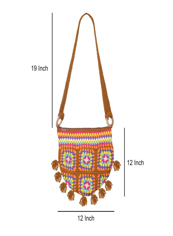 Sutra Handmade Wool Crochet Brown Strap Patchwork Bag | Boho Shoulder Purse | Eco-Friendly Reusable Tote Bag | Summer Beach Handbag for Women Girls - Image 2