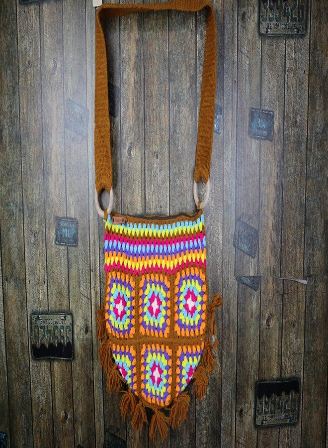 Sutra Handmade Wool Crochet Brown Strap Patchwork Bag | Boho Shoulder Purse | Eco-Friendly Reusable Tote Bag | Summer Beach Handbag for Women Girls - Image 3